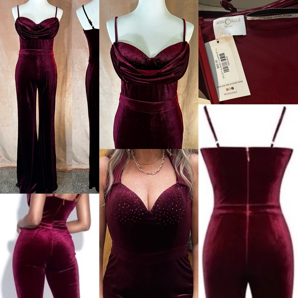 Miss Circle New York red burgundy holiday party velvet jumpsuit large new w tags